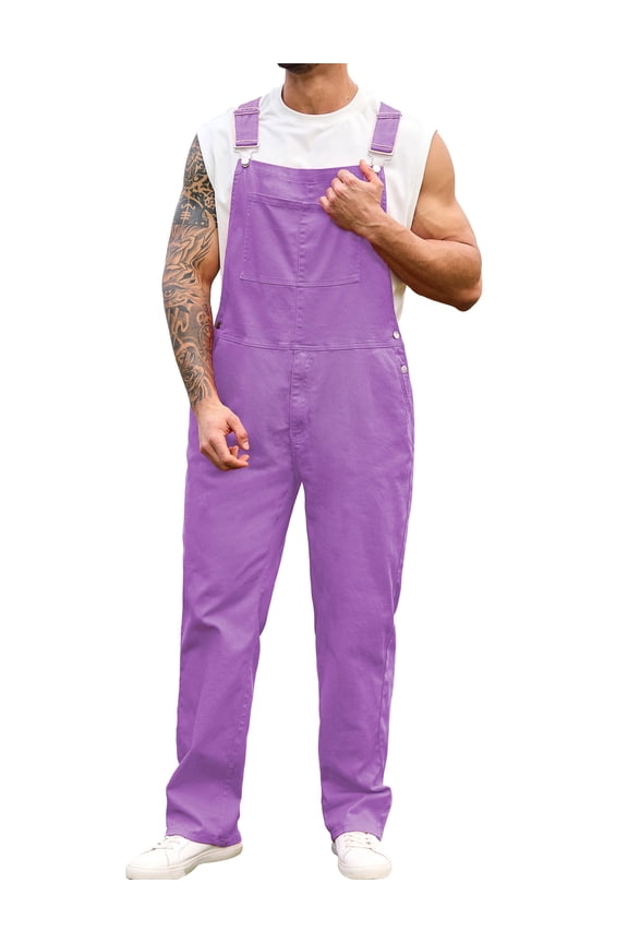 Overalls for Men Work Utility Coveralls Fashion Bib Romper Jumpsuit with Zipper Fly(Purple,L)