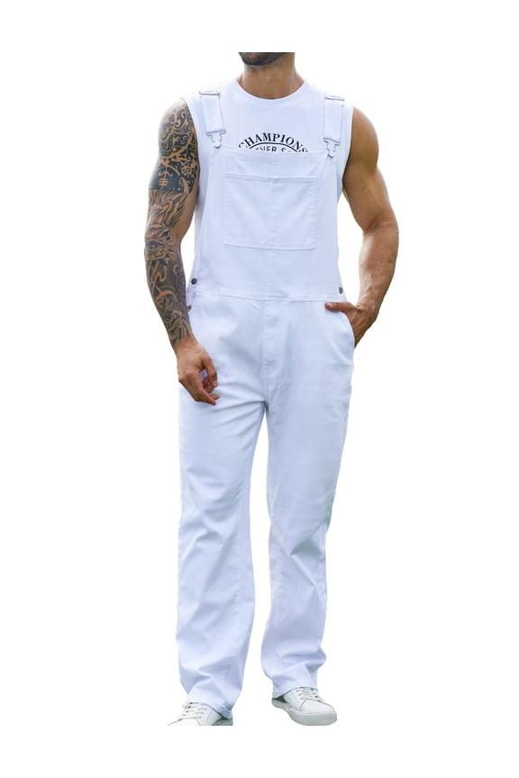 Overalls for Men Work Utility Coveralls Fashion Bib Romper Jumpsuit with Zipper Fly(White,L)