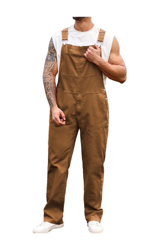 Overalls for Men Work Utility Coveralls Fashion Bib Romper Jumpsuit with Zipper Fly(Brown,M)
