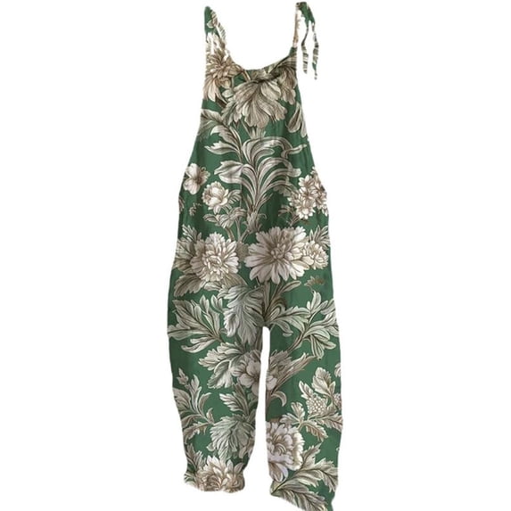 Overalls for Women Boho Floral Print Cotton Linen Sleeveless Spaghetti Strap Baggy Wide Leg Pocket Overalls Plus Size Jumpsuit