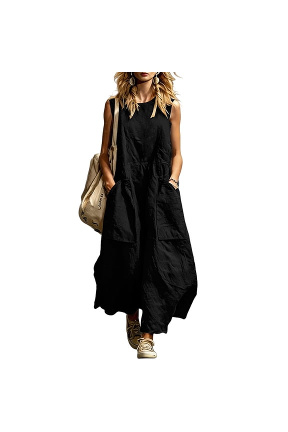 Overalls for Women Casual Crew Neck Sleeveless Wide Leg Rompers with Pockets Summer Dressy Jumpsuits