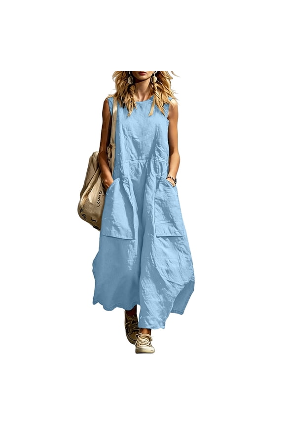 Overalls for Women Casual Crew Neck Sleeveless Wide Leg Rompers with Pockets Summer Dressy Jumpsuits