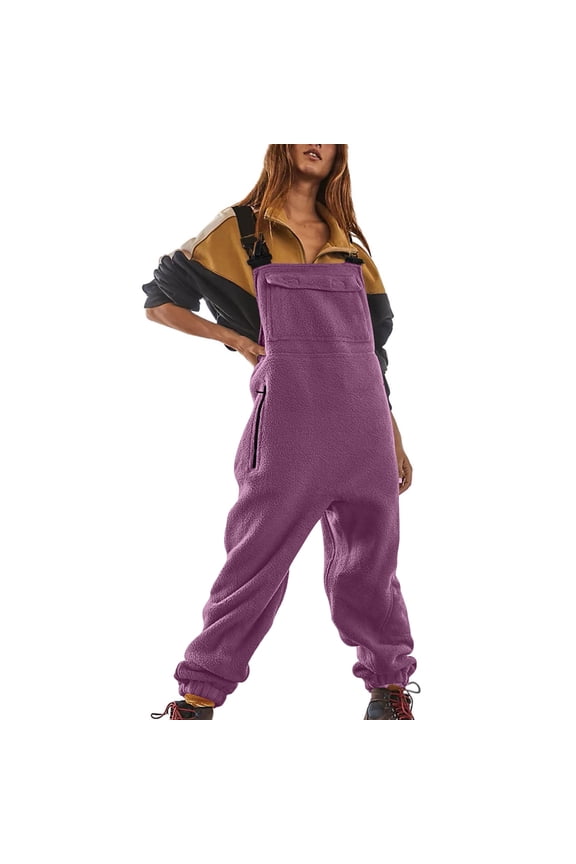 Overalls for Women Loose Fit Fuzzy Sherpa Lined Warm Winter Jumpsuits Adjustable Strap Fleece Overalls with Pockets Purple M