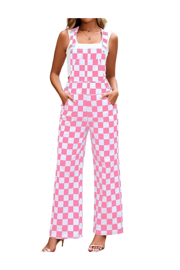 Overalls for Women Loose Fit Jumpsuits Fashion Checkered Straight Leg Pants Stretch Bib Coveralls