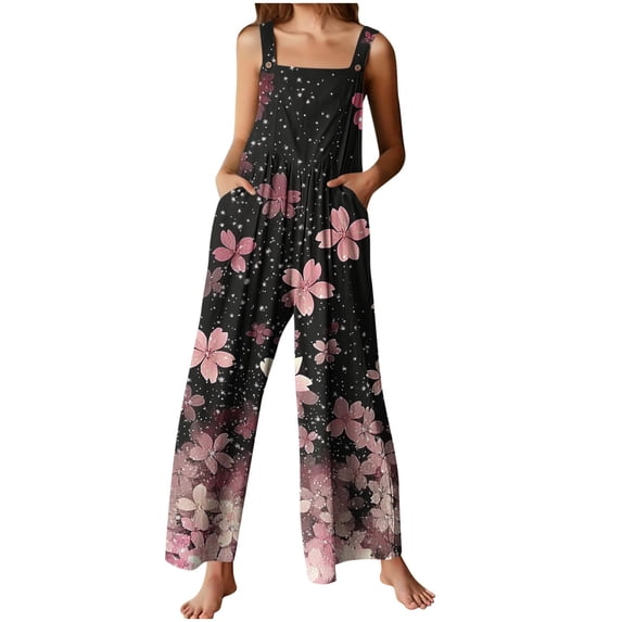 Overalls for Women Summer Casual Button Sleeveless Wide Leg Jumpsuits Loose Fit Floral Dressy Rompers