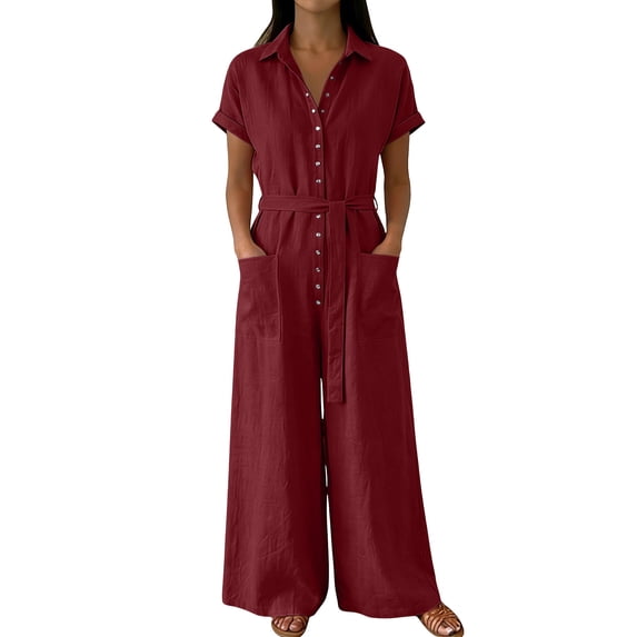 Overalls for Women Summer V Neck Short Sleeve Button Down Wide Leg Jumpsuits Dressy Casual Rompers with Pockets