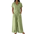 thumbnail image 1 of Overalls for Women Summer V Neck Short Sleeve Button Down Wide Leg Jumpsuits Dressy Casual Rompers with Pockets, 1 of 6