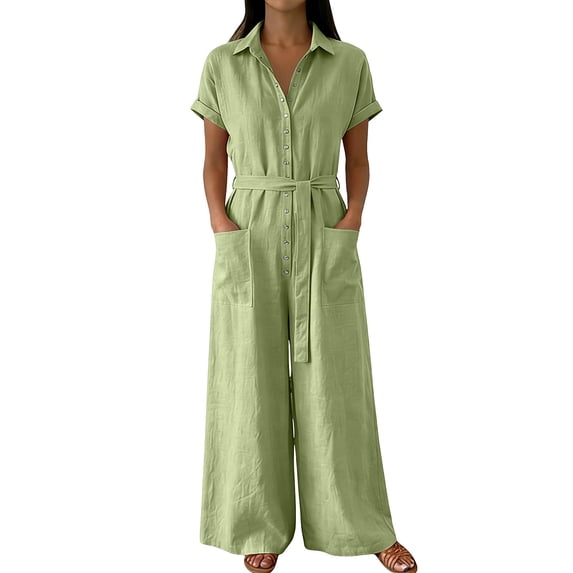 Overalls for Women Summer V Neck Short Sleeve Button Down Wide Leg Jumpsuits Dressy Casual Rompers with Pockets