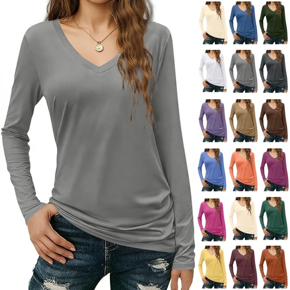 Overalls for Women V-Neck Long Sleeve Slim Drape Hem Solid Color Casual Blouse T-Shirt