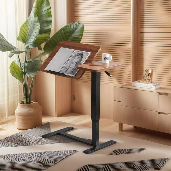 Overbed Bedside Desk,Mobile Rolling Laptop Stand,Tilting Overbed Table with Wheels,Height Adjustable Metal Side Table,Small Foldable End Table for Bedroom,Study,Office,Walnut