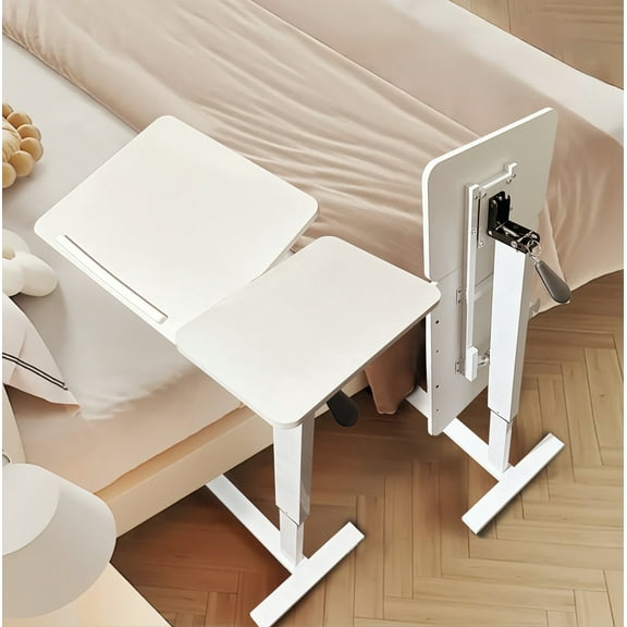 DONGYIHUA  Tilting, Height Adjustable Overbed Table with Tray and Wheels for Laptop, Bed, Sofa, White