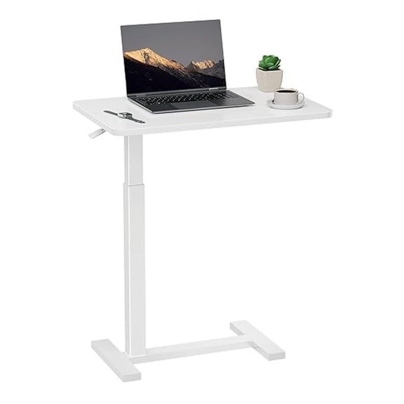 Overbed Bedside Table with Casters, Adjustable Pneumatic Mobile Laptop Computer Standing Desk, Rolling Laptop Table, Movable Overbed Table Hospital Home Use, White