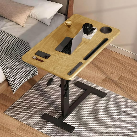 Overbed Bedside Table with Wheels Adjustable Height, Mobile Hospital Bed Table with USB Port, Rolling Standing Laptop Bed Table for Study, Office, Home (Wood)