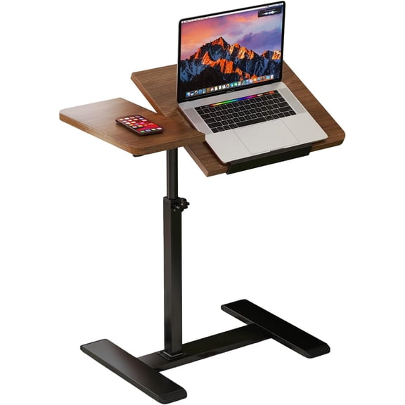 Overbed Bedside Table with Wheels, Tiltable Hospital Bed Table Over The Bed, Pneumatic Adjustable Rolling Laptop Desk, Mobile Standing Desk for Hospital and Home Use Walnut