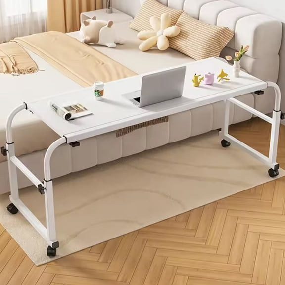 Overbed Desk with Wheels, Height Adjustable Mobile Over Bed Table, Rolling Laptop Workstation for Bedroom Hospital Home - White