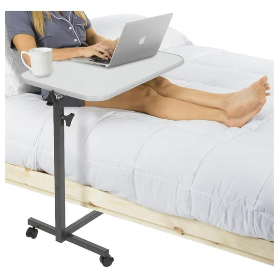 Overbed Hospital Bed Table for Home Use - Adjustable Swivel Wheels & Tray for Over Bed - for Medical Bedside Chair - Adjustable Height, Tilt Top for Reading, Laptop, Bedridden, Elderly, Seniors Grey