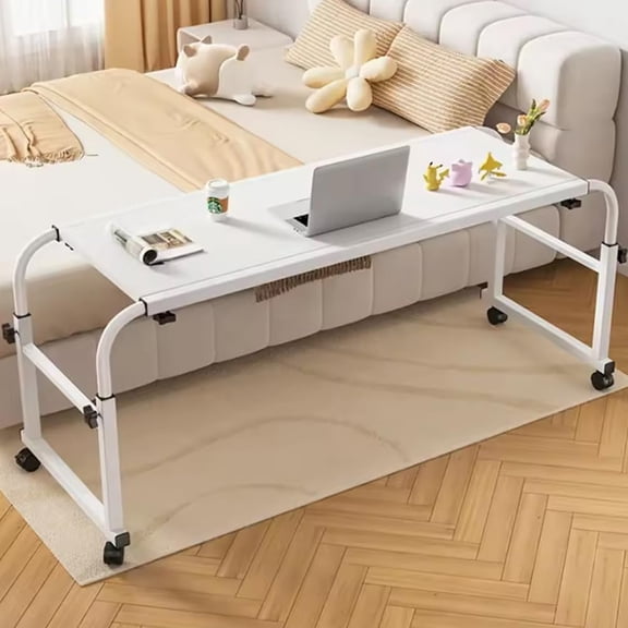 Overbed Table with 360° Wheels, Mobile Bed Desk Adjustable Height Overbed Table with 4 Lockable Wheels, Curved Edge Design Laptop Table for Home Office Hospital Bedroom White