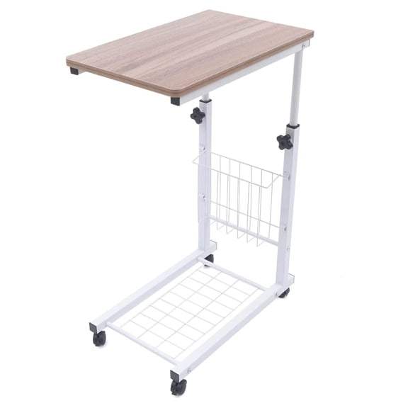 Overbed Table Adjustable Height C Table Sofa Side Bedside Table with Wheels & Storage Basket, Hospital Bed Table Rolling Tray Eating Breakfast Cart Stand for Bedridden, Elderly