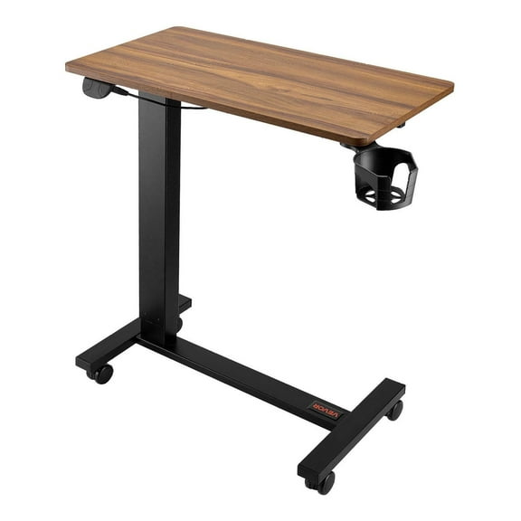 Overbed Table, Mobile Bed Side Table with 4 Wheels, Electric Lifting with Upgrade Button, Rolling Laptop Desk with Cup Holder, Height Adjustable Overbed Desk for Home, Office, Study, Wood+Black