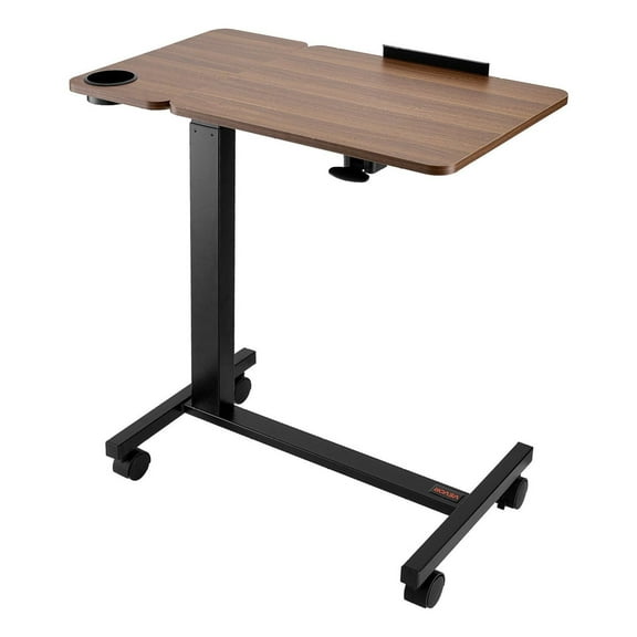 Overbed Table, Mobile Bed Side Table with Desktop and 4 Wheels, Height & Angle Adjustable Rolling Laptop Desk with Cup Holder, Portable Over Bed Desk for Home, Office, Study, Wood + Black