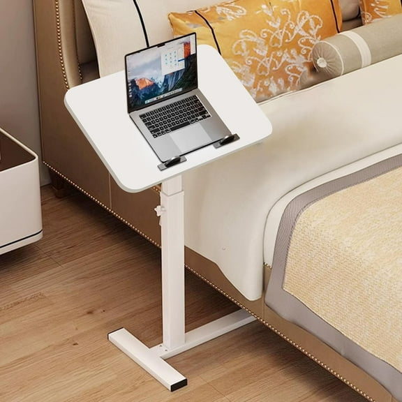Overbed Table,Tilting Over The Bed Table with Hidden Wheels, Adjustable Bedside Table and Rolling Tray Table-Hospital Table Over Bed for Home Use-Tilt White