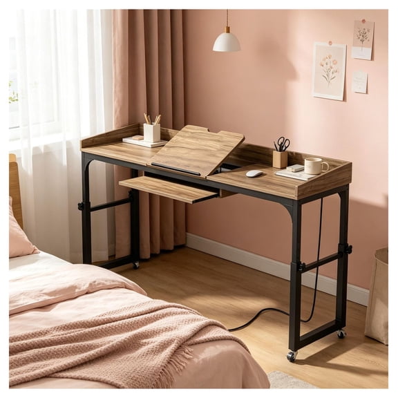 Overbed Table with Wheels, Adjustable Height Bed Desk - 70.86'' Hospital Bedside Table with Charging Station & Storage, Tiltable Top for Reading, Writing, Laptop