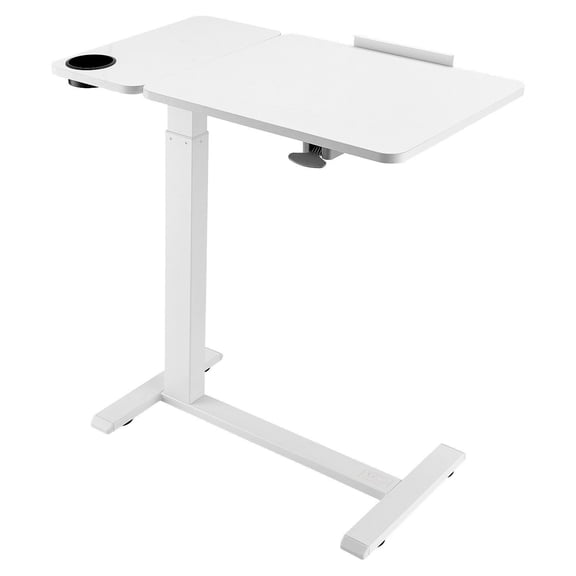 Overbed Table with Wheels, Adjustable Height Laptop Desk - Mobile Bedside Table with Tilt Top & Cup Holder, Rolling Over Bed Table for Home Office Study - White