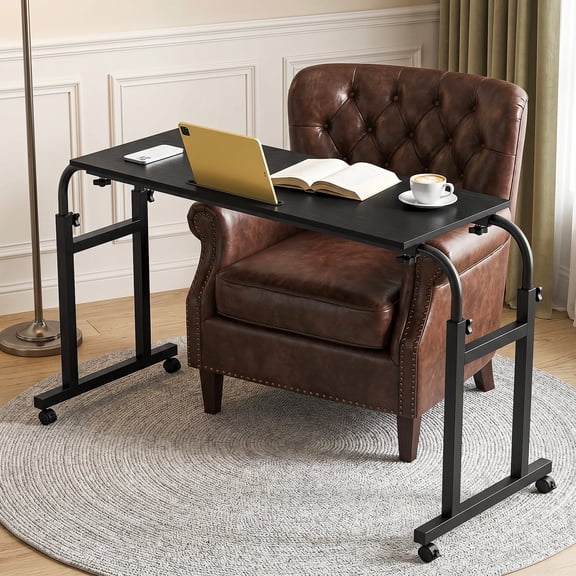 Overbed Table with Wheels, Adjustable Height and Length Mobile Over Bed Recliner Table, Heavy Duty Metal Leg Tilting Laptop Tray for Home, Office, Hospital-Black,40x80cm