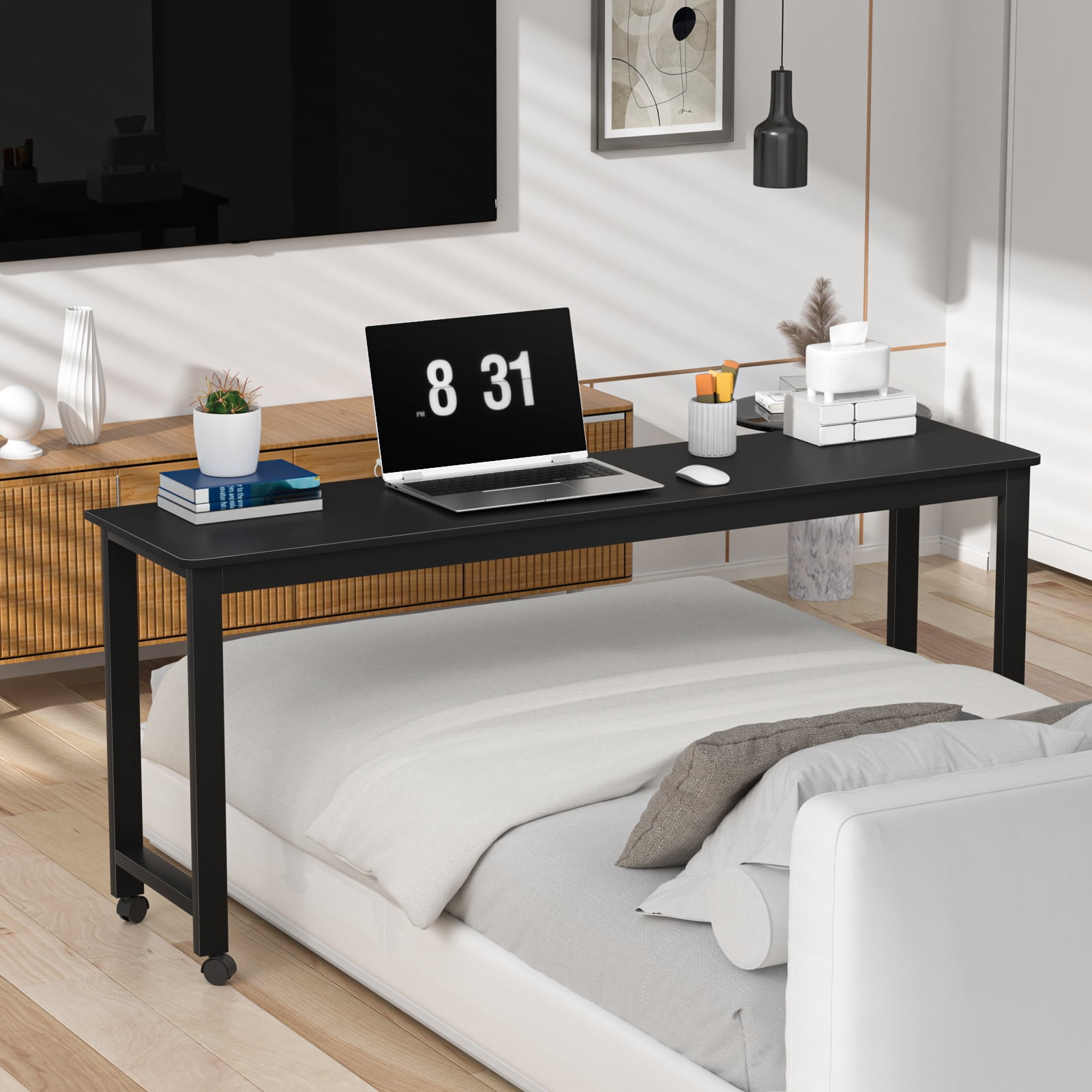 Adjustable Overbed Table With Wheels - 47" Laptop Desk, Tilting Top, Height & Length Adjustable, White