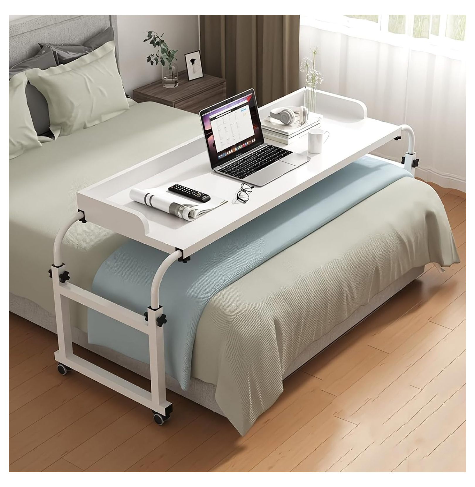Overbed Table with Wheels, Over Bed Desk Queen Size Mobile Computer