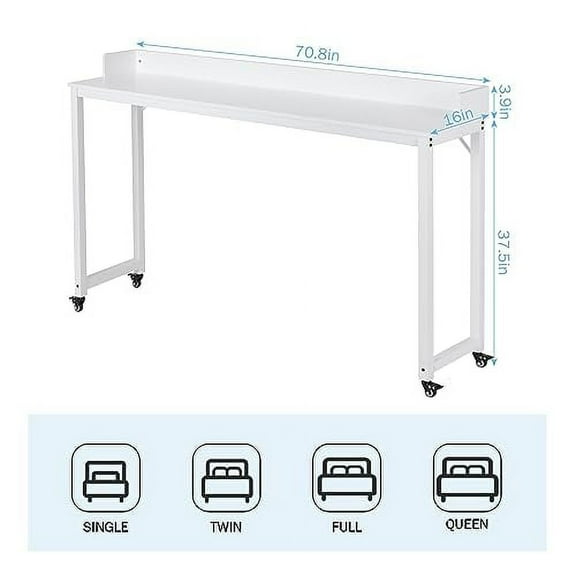 Overbed Table with Wheels, Queen Full Size Mobile Computer Desk, Standing Laptop Cart, Over Bed Table with Heavy Duty Metal Leg, for Bedroom 16" D x 71" W x 41" H (White)