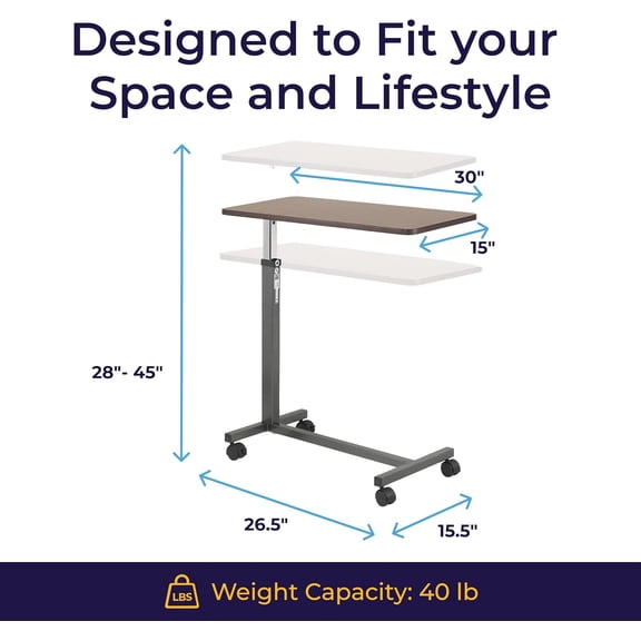 Overbed Table with Wheels - Secure Height Adjustment for Comfort - Non Tilt Surface - Smooth Rolling Design - Home & Hospital Use - Woodgrain Laminate Top - Silver Vein