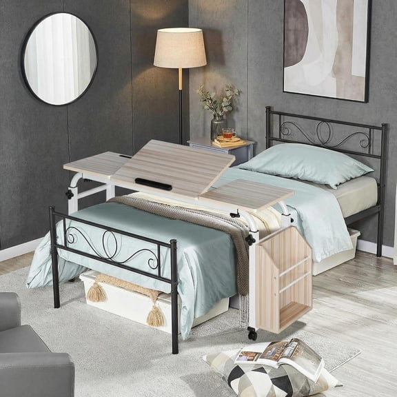 Overbed Table with Wheels, 47.24" Mobile Bed Desk with Adjustable Length & Height Rolling, Multi-Use Dining Table for Bedroom & Living Room