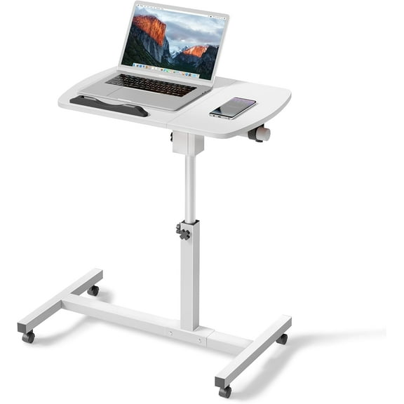 Overbed Table with Wheels – Height Adjustable Rolling Laptop Desk for Home, Medical Use & Office (White Frame)