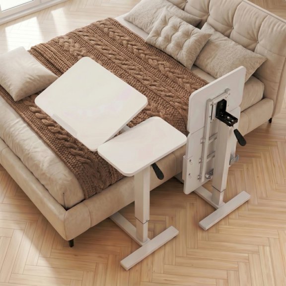 Overbed Table with Wheels, Upgraded Adjustable Rolling Laptop Desk with Tilting Desktop, Height Adjustable Bedside Table for Bed & Sofa, Cream