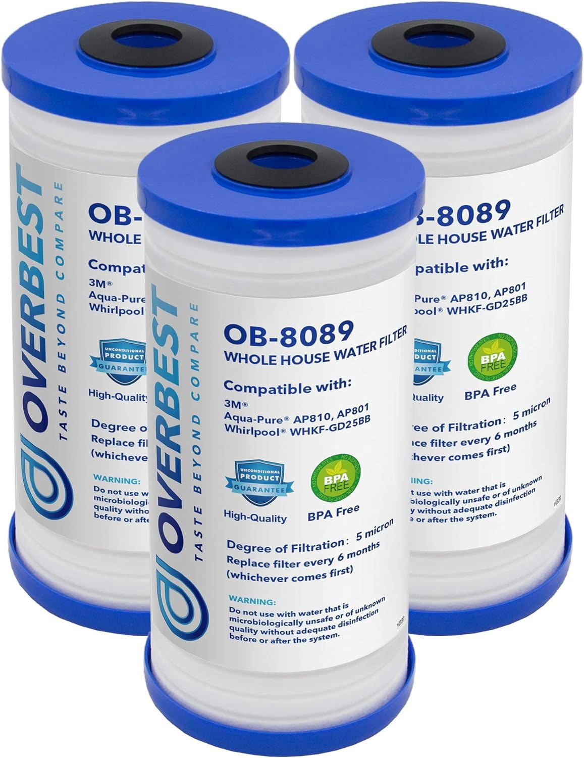 Overbest 10" x 4.5" Whole House Water Filte Replacernent for 3M® Aqua-Pure® AP810, AP811, AP801, AP801-C, AP801T, P801B, Whirlpool® WHKF-GD25BB,VWHKF-DWHBB,Pack of 3