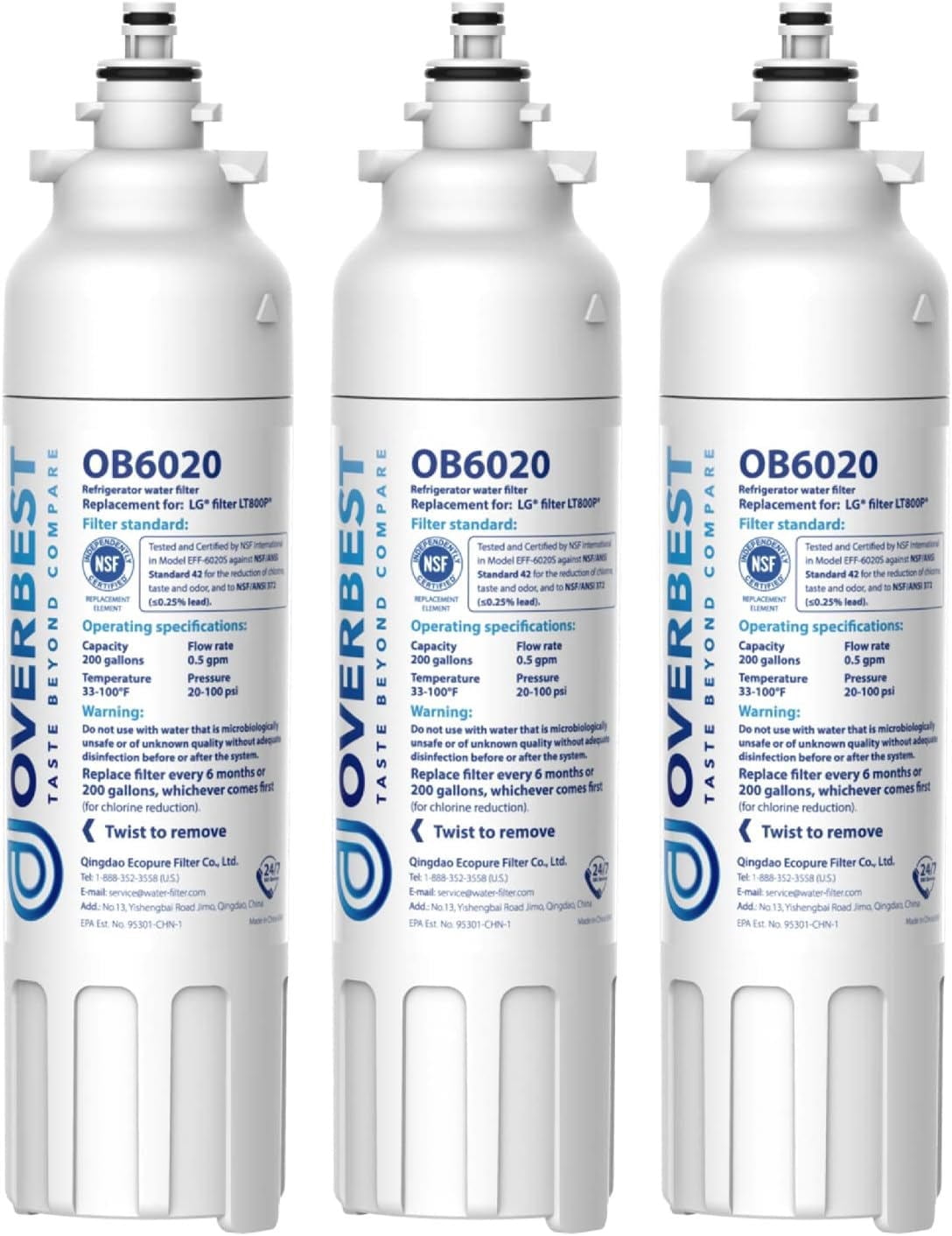Overbest ADQ73613401 Refrigerator Water Filter, Replacement for LG® LT800P®, ADQ73613402, ADQ73613408, ADQ75795104, Kenmore 9490, 46-9490, LSXS26326S, LMXC23746S, LMXC23746D, Pack of 3