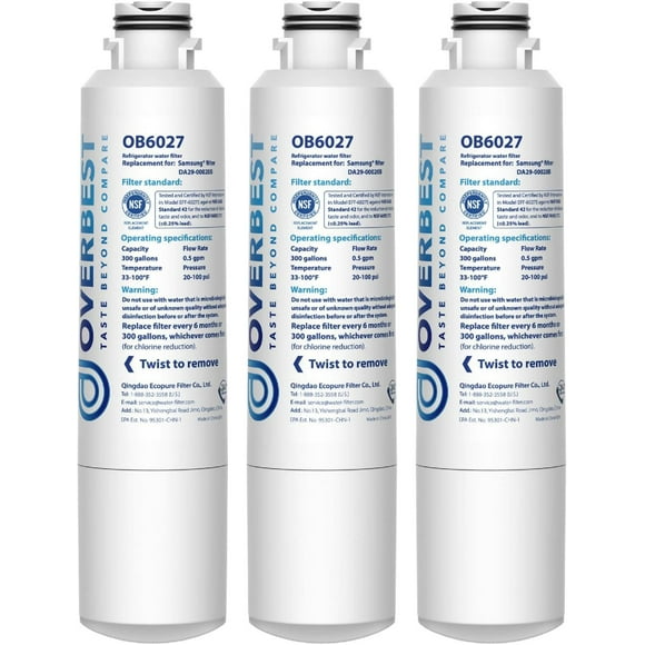 Overbest DA29-00020B Refrigerator Water Filter, Replacement for Samsung HAF-CIN, 46-9101, RF28HMEDBSR, RF4287HARS, RF263TEAESG, RH22H9010SR, 3 Filters
