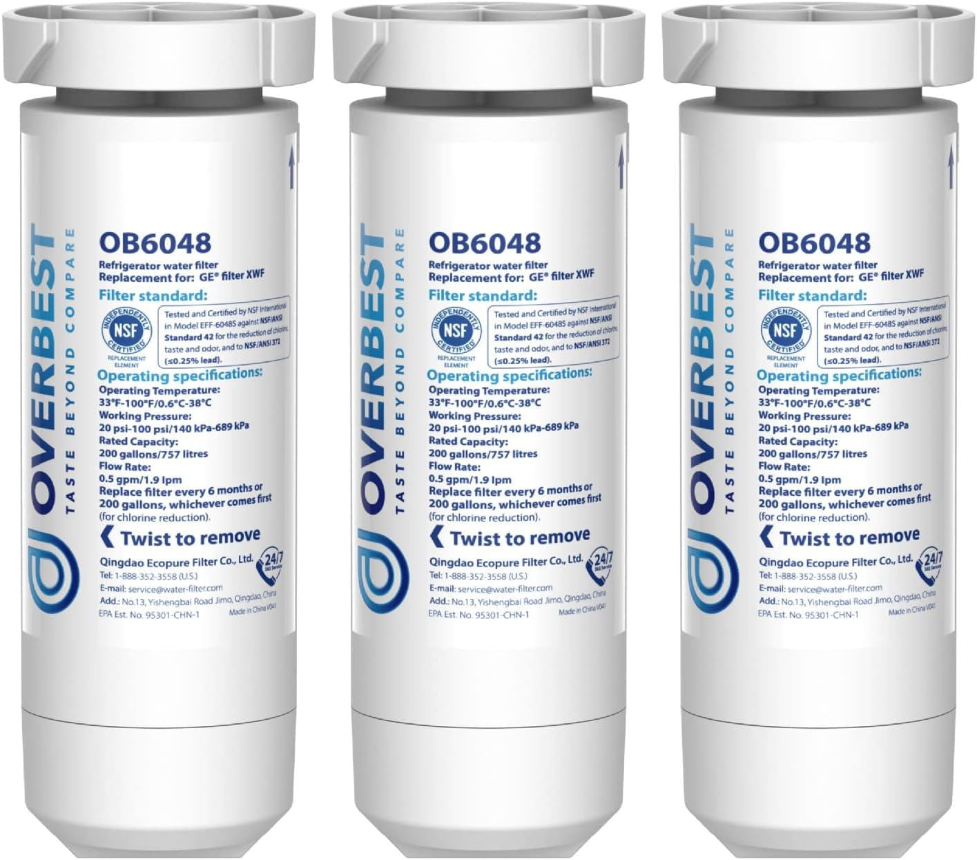 Overbest OB6048 Replacement for GE® XWF Refrigerator Water Filter, 3 Pack (Not XWFE®)
