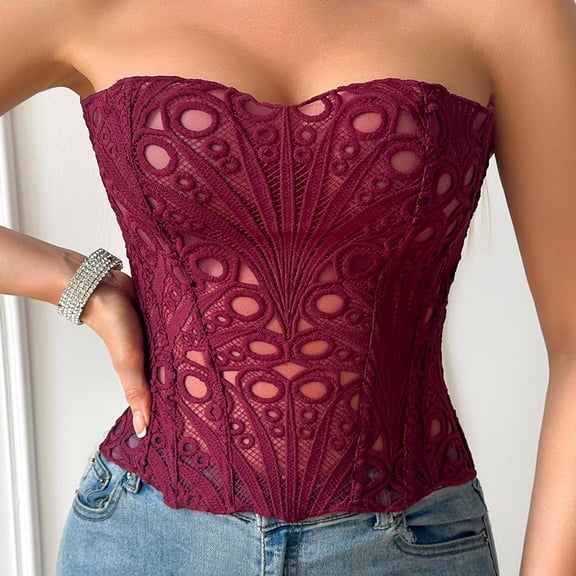 Overbust Bustier Corset Tops, Ladies' Court Style Corset Lace Corset Tops New Renaissance Corset Tops for Women Style B-79 Wine S