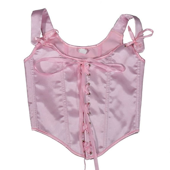 Overbust Corset Renaissance, Fashion Women Style Solid Color Backless Ribbon Waist Camisole Shapewear New Lace up Corset Tops Style B-66 Pinky L