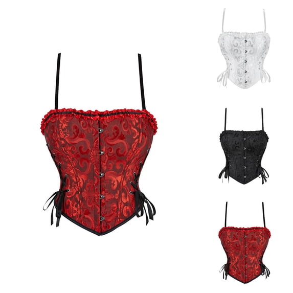 Overbust Corset Tops for Women Vintage Renaissance Floral Jacquard Lace Up Push Up Bustier with Straps Waist Cincher