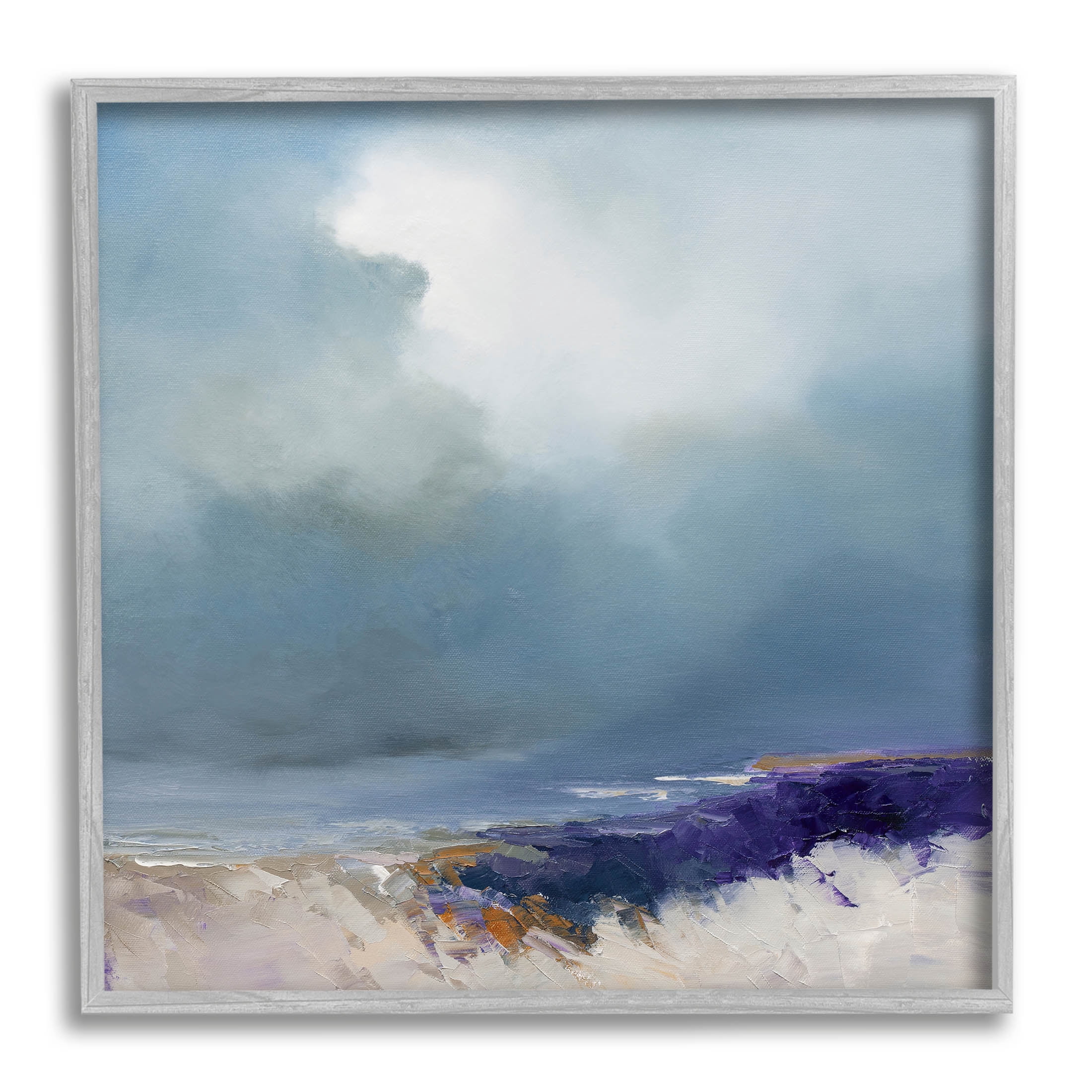 Overcast Ocean Splashing Waves Abstract Painting Gray Framed Art Print Wall Art