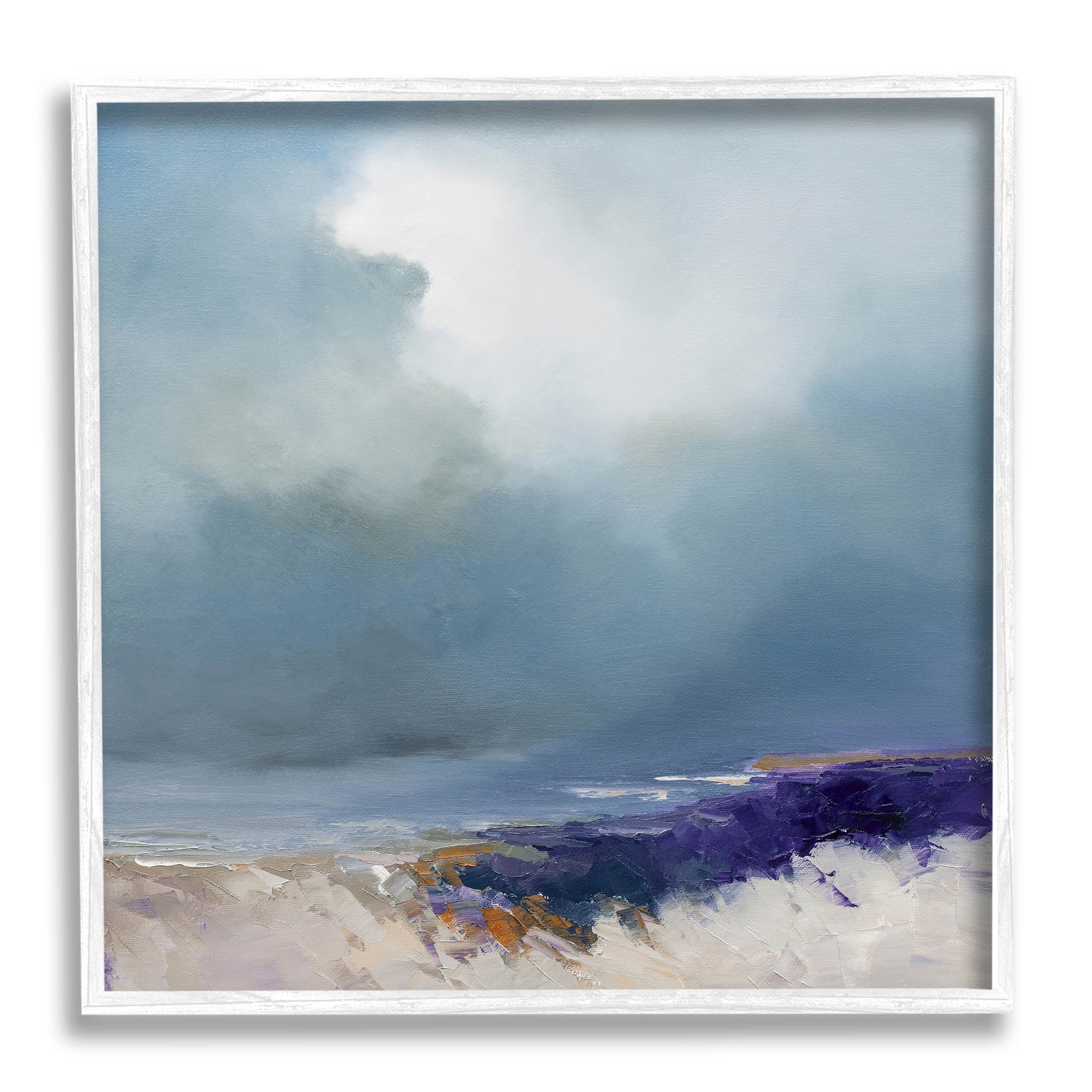 Overcast Ocean Splashing Waves Abstract Painting White Framed Art Print Wall Art