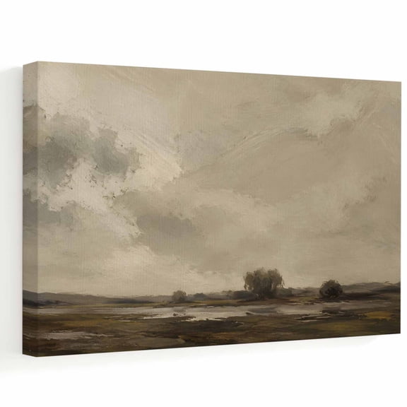 Overcast Sky Canvas Wall Art, Vintage Rustic Brown Trees Marshland Horizon Line Wall Art Prints Artwork Framed Canvas Ready to Hang Art Pictures for Bathroom, Dressing Table, Entryway 12" x 8"