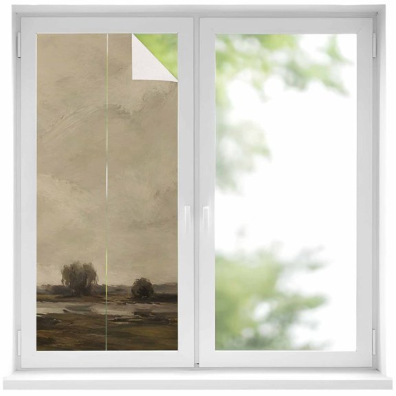 Overcast Sky Window Privacy Film 17.7x39.3in Vintage Rustic Brown Trees Marshland Horizon Line Decorative Window Film with Static Cling, UV Filtering Window Cling Privacy Film for Glass Doors