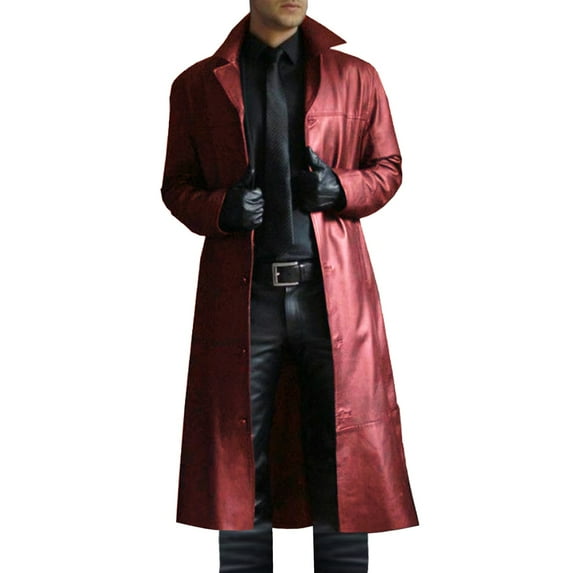 Overcoat Jackets for Men Open Front Red Outerwear Trench Coat Faux Leather Jacket Fashion Clothing