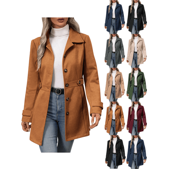 Overcoat for Womens Mid Long Stand Collar Single Breasted Coat Solid Color Casual Long Sleeve Outwear Elegant Stand Collar Detail