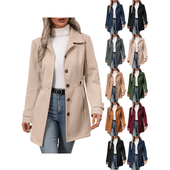 Overcoat for Womens Mid Long Stand Collar Single Breasted Coat Solid Color Casual Long Sleeve Outwear Elegant Stand Collar Detail