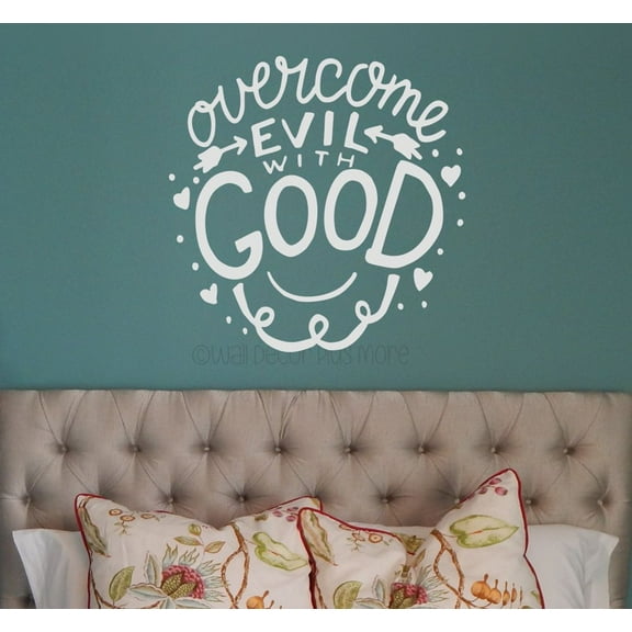 Overcome Evil With Good Religious Quote Decals for Wall - Christian Vinyl Wall Art - Quotes Wall Decor for Bedroom Bath Classroom - Matte Vinyl Wall Decal Sayings for Wall Decor, 18x18-Inch, LtGray